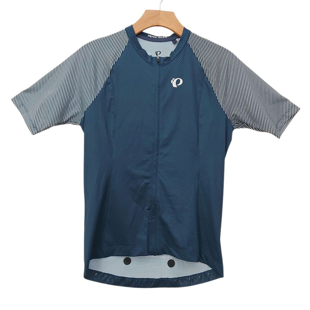 Pearl Izumi Men's Navy Blue Cycling Jersey with Striped Light Gray Sleeves
